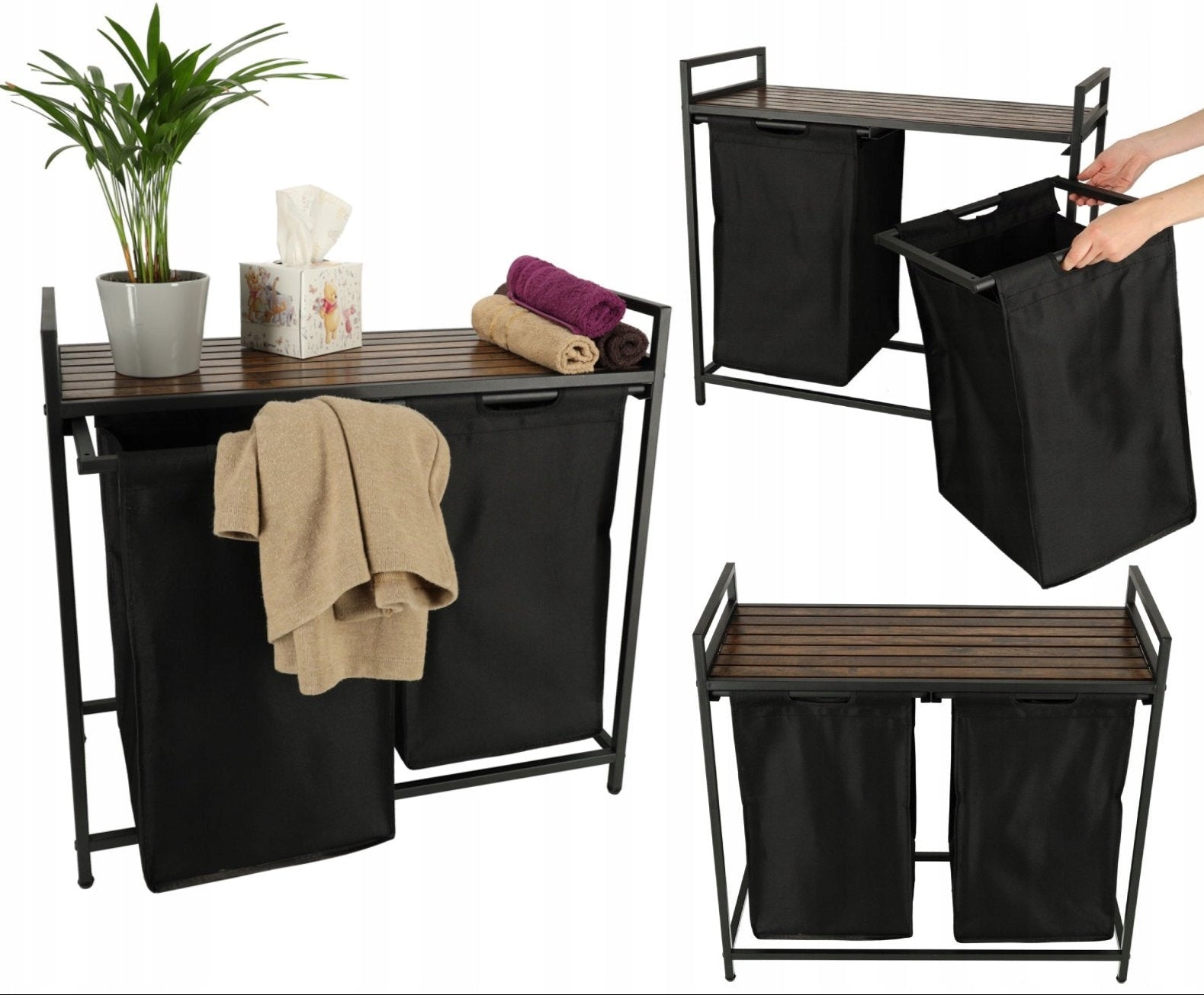 Cos de rufe dublu, Zola, din lemn cu structura metalica, 74 x 68 x 33.5 cm Cos de rufe dublu, Zola, din lemn cu structura metalica, 74 x 68 x 33.5 cm
